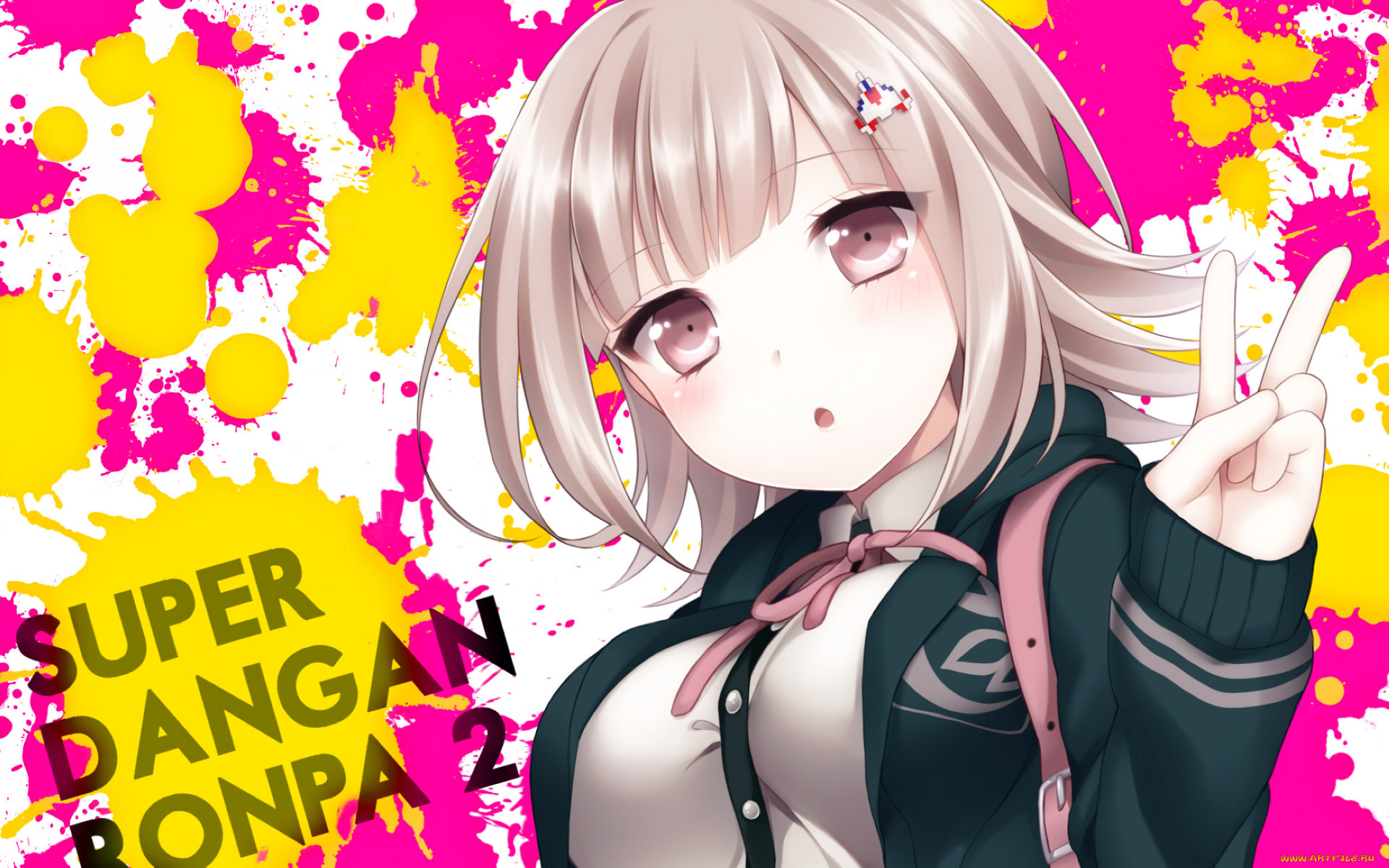 Обои Аниме Danganronpa, обои для рабочего стола, фотографии аниме,  danganronpa, рука, жест, nanami chiaki, заколка, форма, лента Обои для  рабочего стола, скачать обои картинки заставки на рабочий стол.